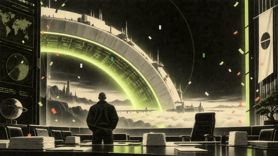 Animated editorial illustration of a bald anonymous builder quietly watching a giant glowing arc machine in a boardroom
